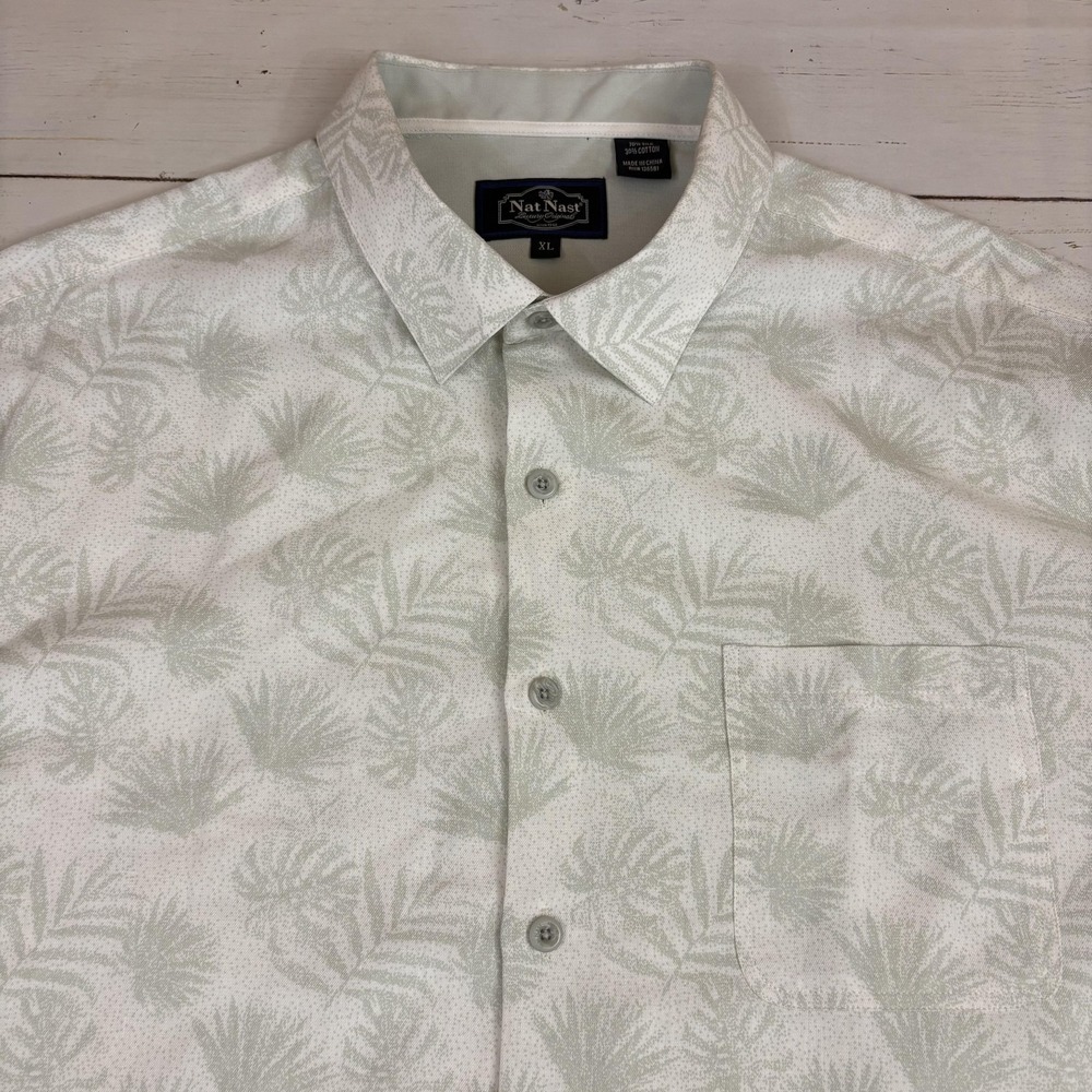 Nat Nast Luxury Originals Polo Shirt Mens XL White Tropical Palm Print Silk